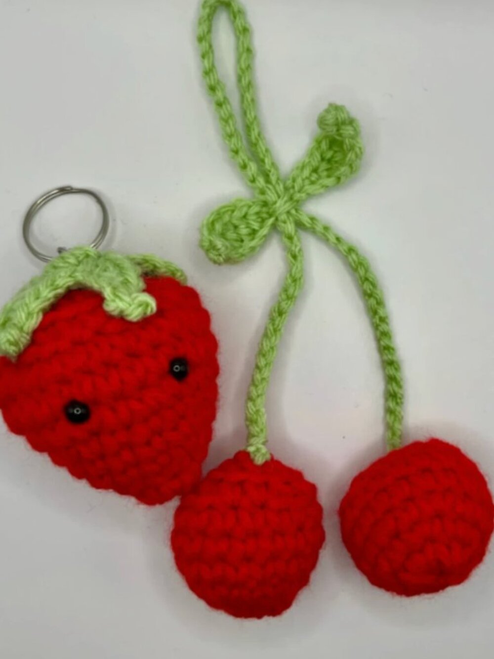 Strawberry Keychain & Cherry Headphone Accessory Set Bag Charm - Crochet - Red